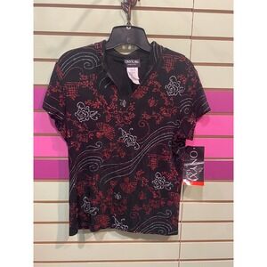 ONYX Nite Women Black Red White oriental Print 90s Mandarin Collar Top L glitter